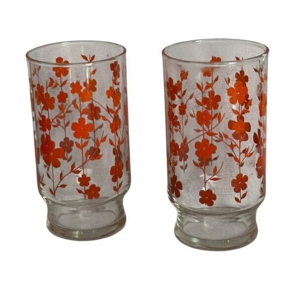 VTG Libby (?) Orange Flower Floral Drinking Glasses (2) Tumbler MCM Cottagecore - Picture 2 of 6